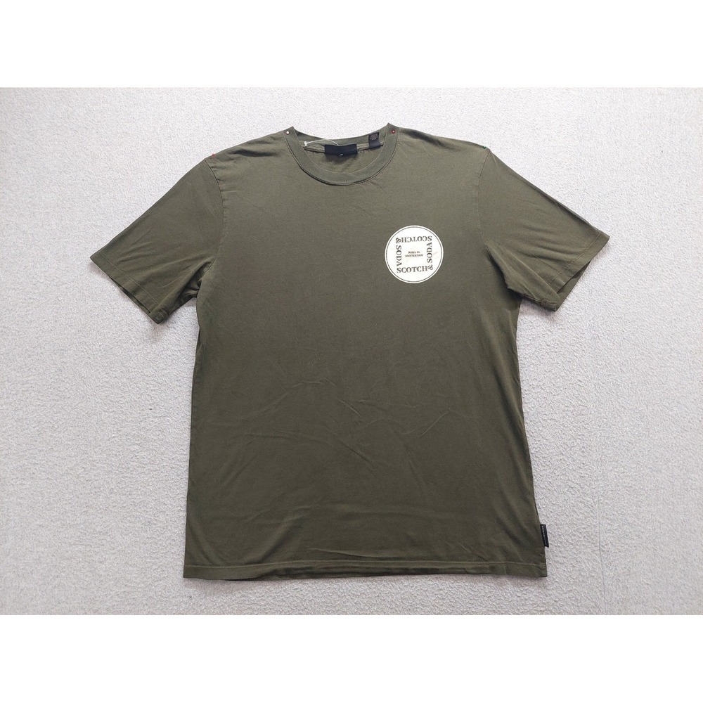 Scotch & Soda Men T Shirt L Olive Green Graphic Print Crew Neck Logo Casual